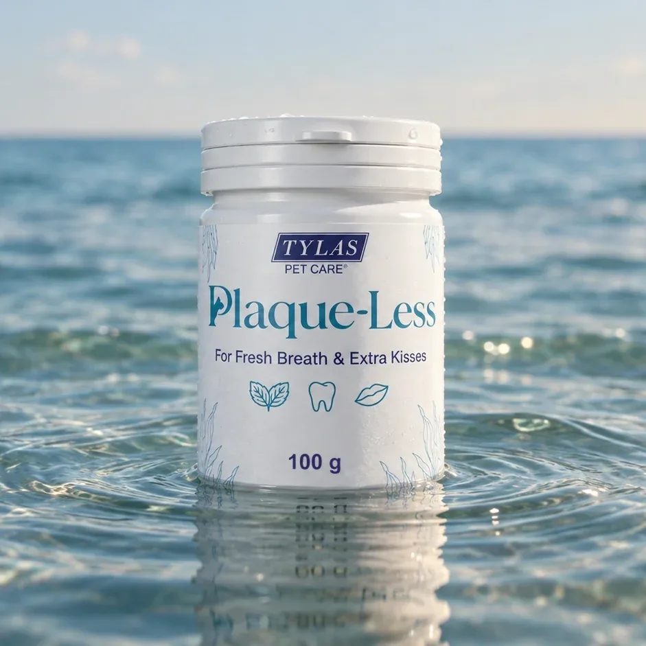 Tylas Plaque-Less daily dog dental powder jar sitting on crystal-clear ocean water
